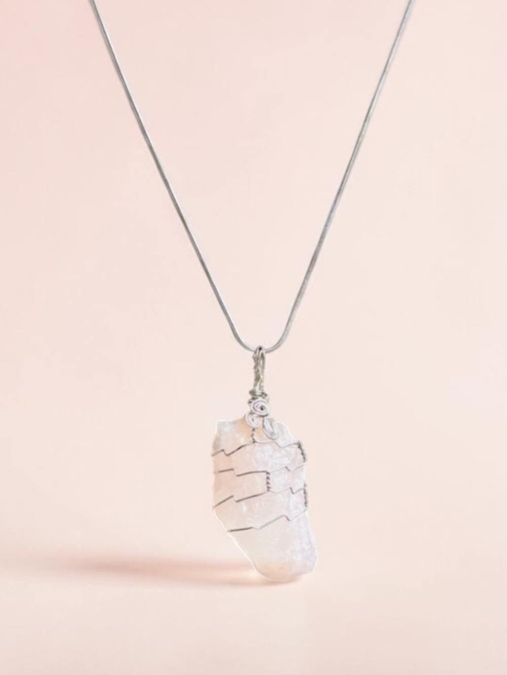 Rose Quartz silver‎ wrapped raw crystal love Pendant Necklace on snake chain